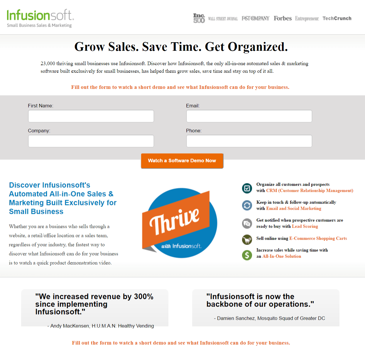 To zdjęcie pokazuje marketerom, w jaki sposób Infusionsoft wykorzystuje przekonujący copywriting na stronie docelowej po kliknięciu, aby przekonać odwiedzających do obejrzenia demonstracji produktu.