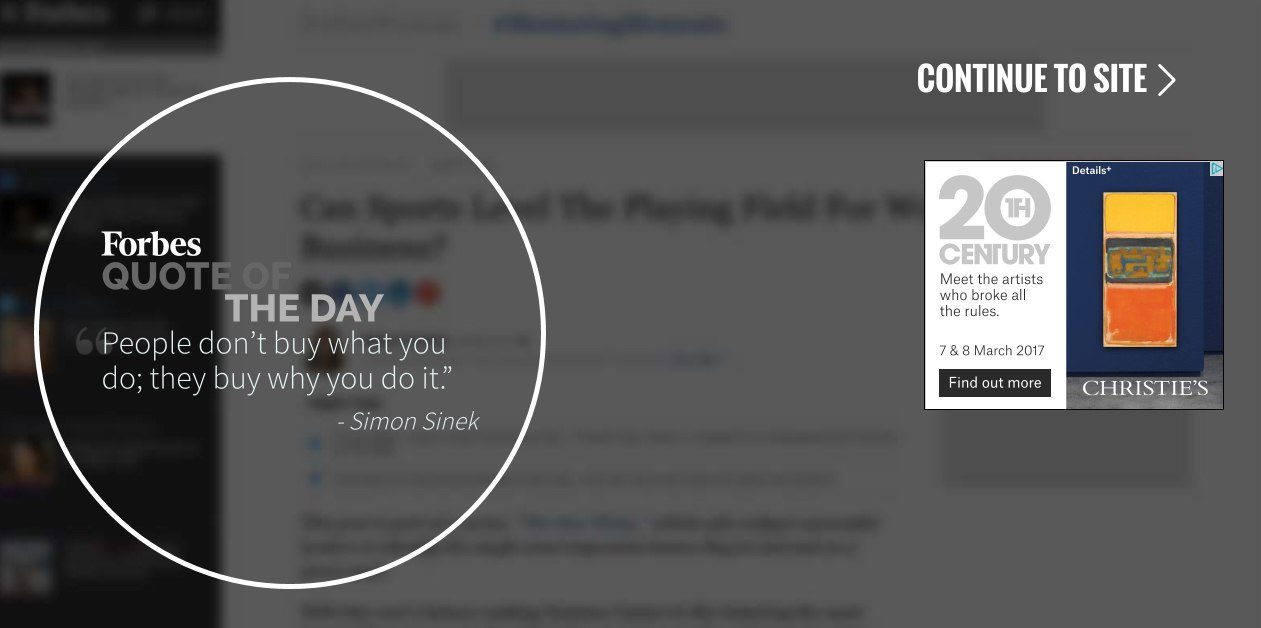 To zdjęcie pokazuje marketerom, w jaki sposób Forbes wykorzystuje przekonujący copywriting na stronie docelowej po kliknięciu, aby przekonać odwiedzających do przeczytania cytatu dnia i przejścia do treści.