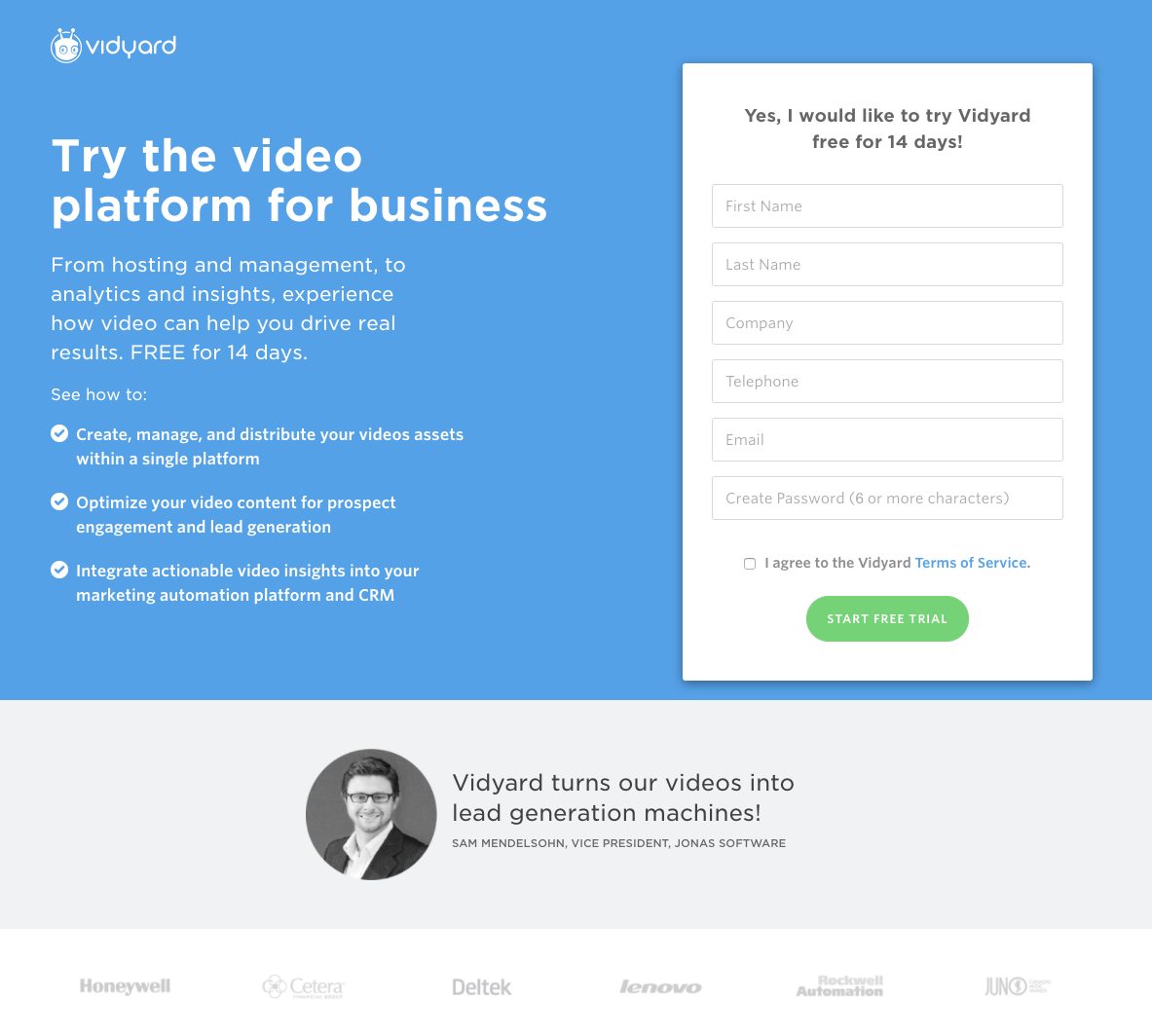 To zdjęcie pokazuje marketerom, jak Vidyard wykorzystuje przekonujący copywriting na stronie docelowej po kliknięciu, aby przekonać odwiedzających do rozpoczęcia bezpłatnego 14-dniowego okresu próbnego.