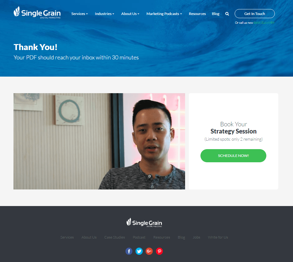 To zdjęcie pokazuje marketerom, w jaki sposób firma Single Grain wykorzystuje przekonujący copywriting na stronie docelowej po kliknięciu na swojej stronie z podziękowaniami, aby przekonać potencjalnych klientów do pobrania kolejnej oferty.