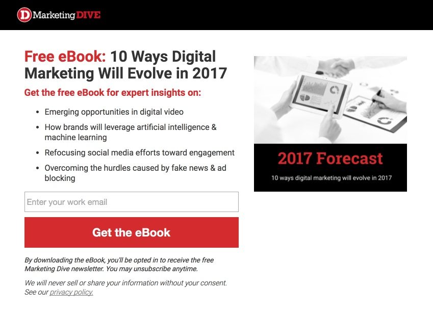 To zdjęcie pokazuje marketerom, w jaki sposób MarketingDive wykorzystuje przekonujący copywriting na stronie docelowej po kliknięciu, aby przekonać użytkowników do pobrania ebooka i zapewnienia bezpieczeństwa informacji.