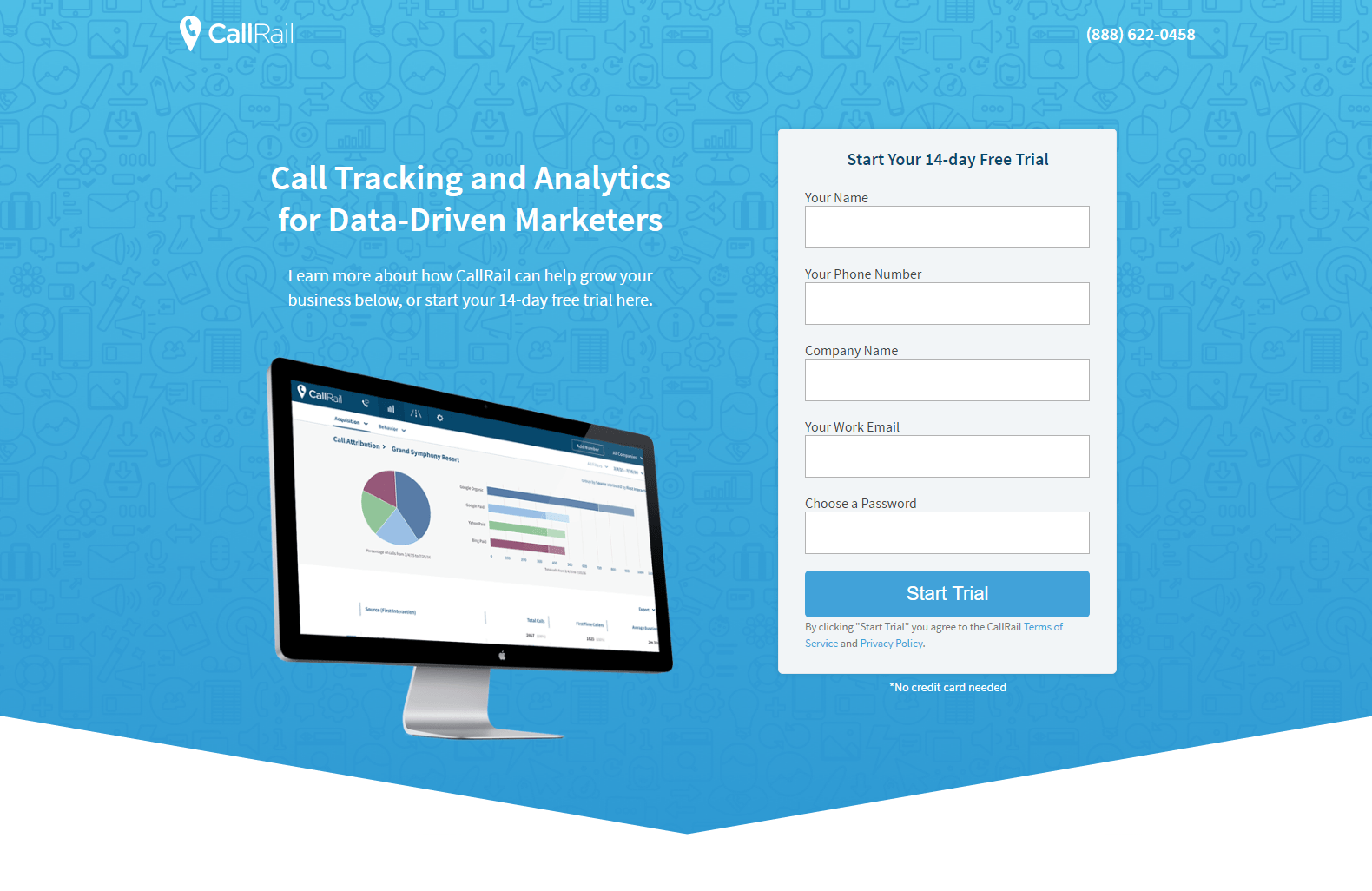 Bu resim, pazarlamacılara CallRail'in ücretsiz deneme kayıtları oluşturmak için Reddit reklamlarıyla bir tıklama sonrası açılış sayfasını nasıl kullandığını gösterir.