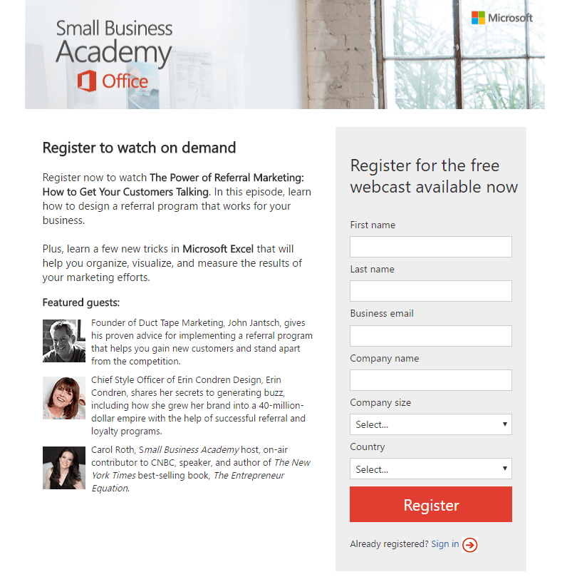 这张图片向营销人员展示了他们与 Facebook 原生视频广告一起使用的 Microsoft 点击后登录页面。