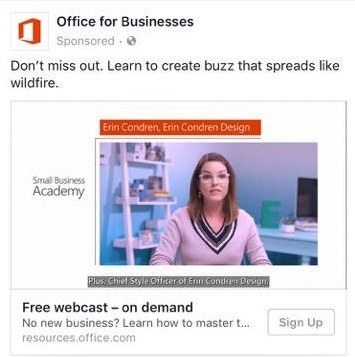 此图向营销人员展示了 Microsoft 如何使用原生视频广告来生成点击后登录页面流量和网络研讨会注册。