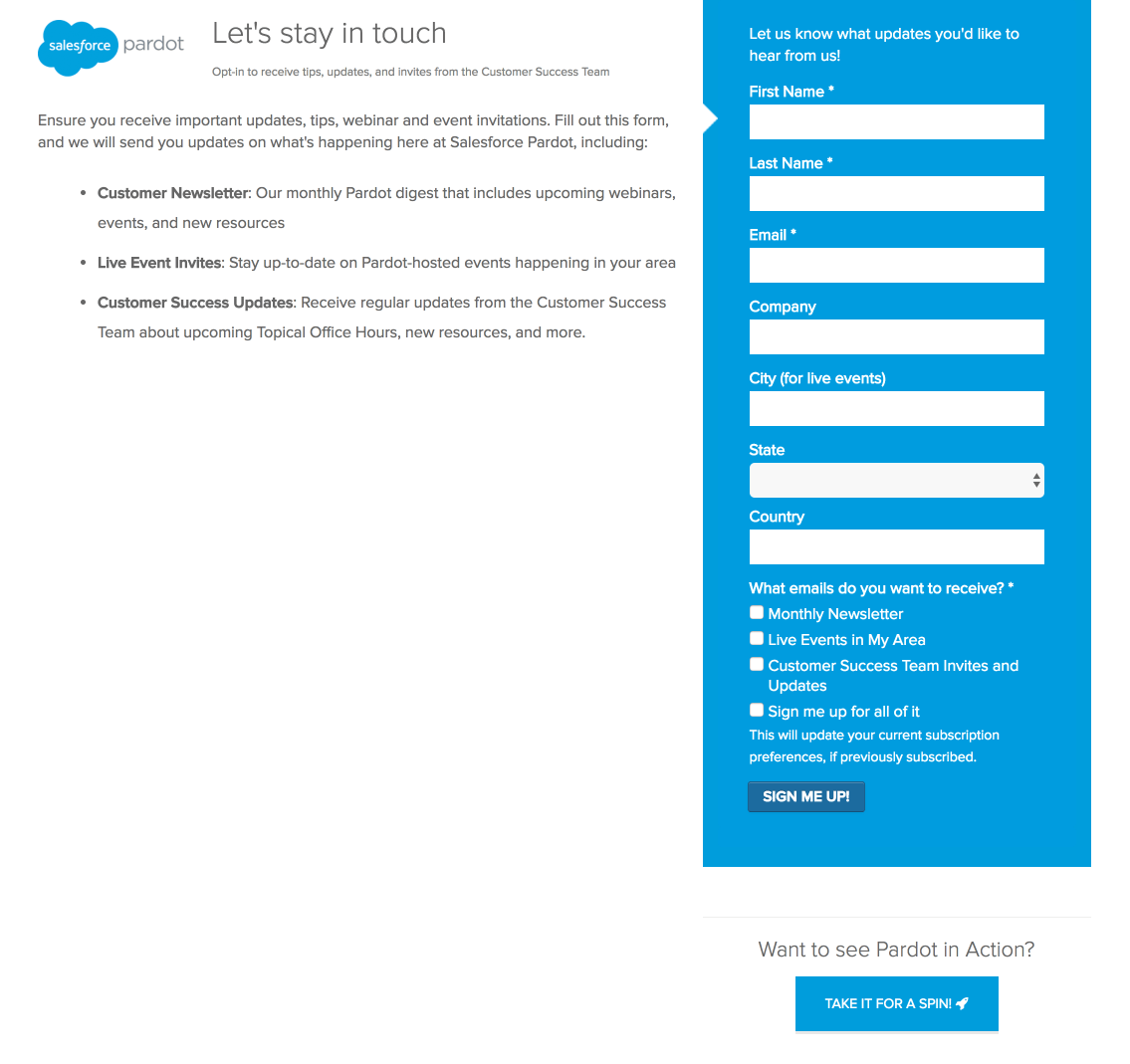 Gambar ini menunjukkan kepada pemasar bagaimana Pardot menggunakan halaman arahan pasca-klik untuk membujuk pengunjung agar berlangganan buletin mereka dan tetap berhubungan.