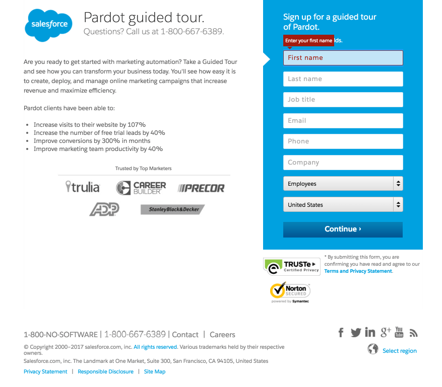 Gambar ini menunjukkan pemasar bagaimana Pardot menggunakan halaman arahan pasca-klik untuk mempromosikan tur gratis perangkat lunak mereka.