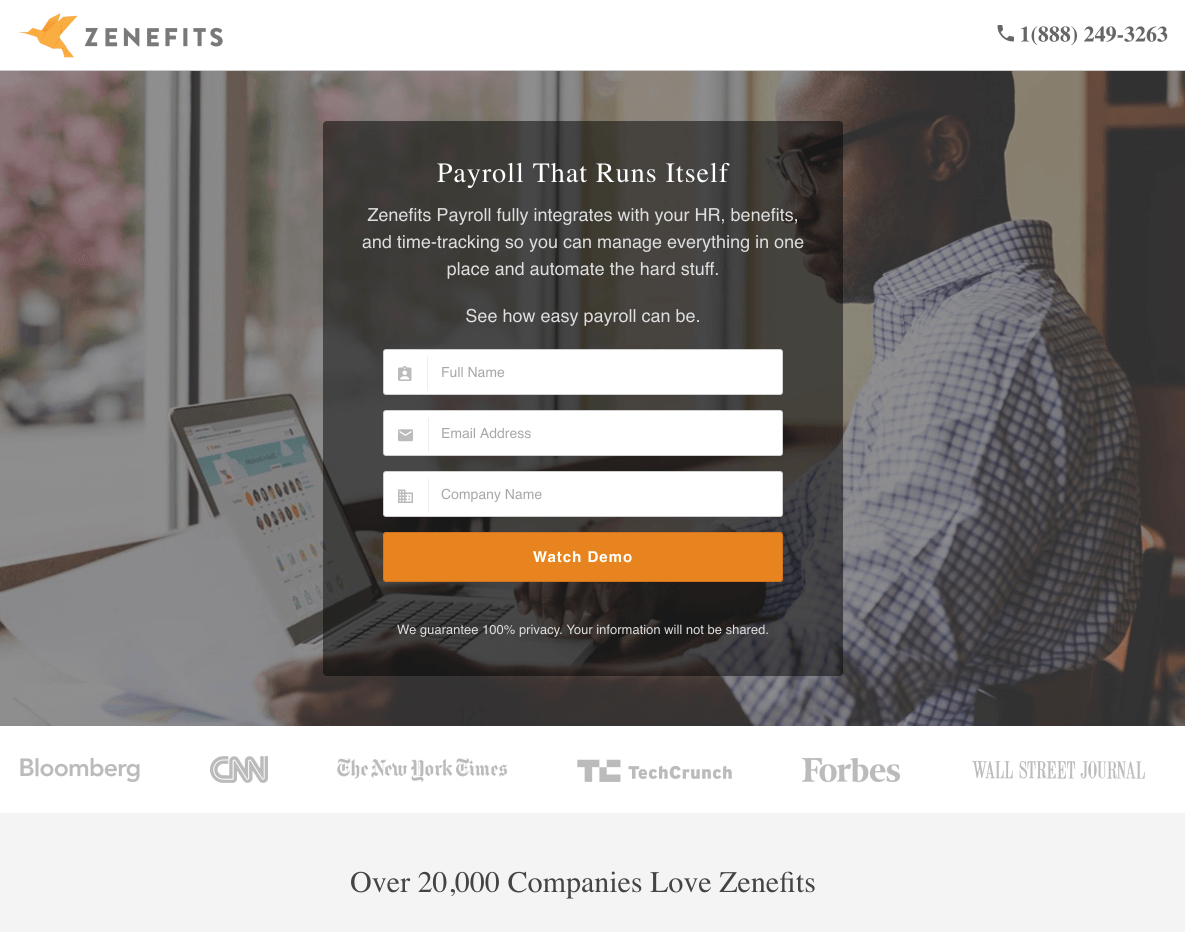 halaman arahan pasca-klik akuntansi Zenefits