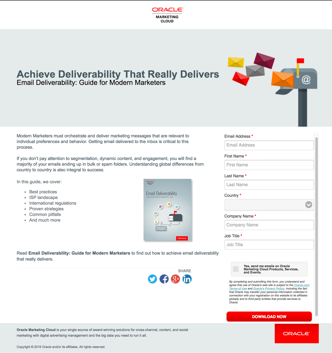 此圖顯示了 Eloqua 點擊後登錄頁面，該頁面為訪問者提供了他們的電子郵件送達率電子書