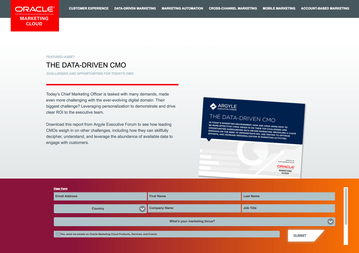 此圖顯示了用於為 CMO 宣傳其報告的 Eloqua 點擊後登錄頁面