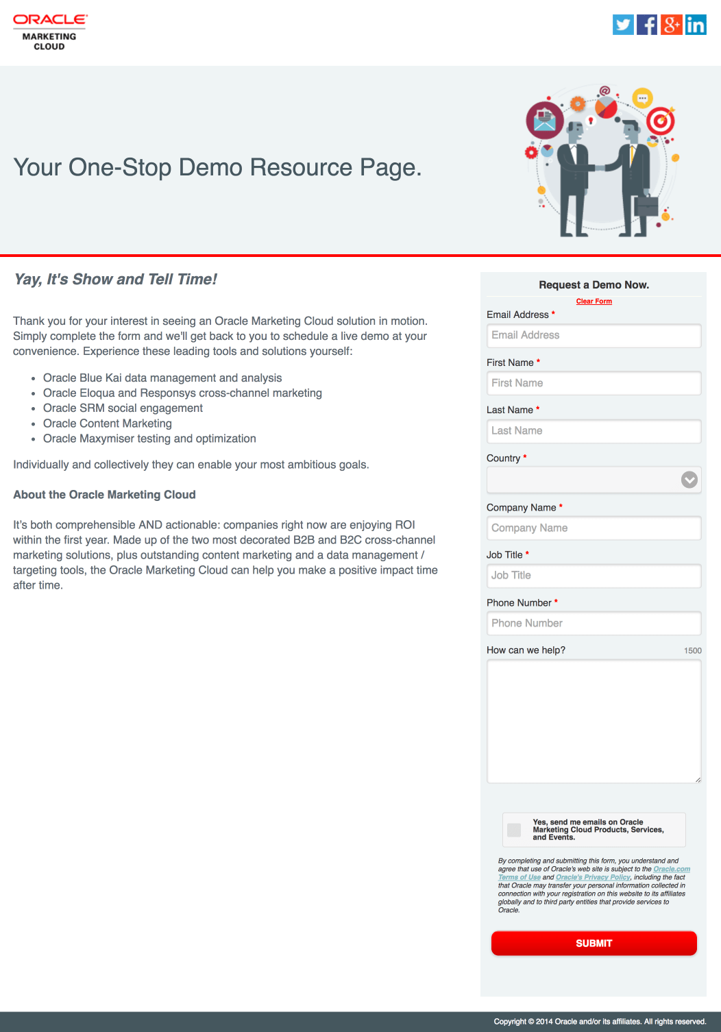 此圖顯示了用於宣傳其產品演示的 Eloqua 點擊後登錄頁面