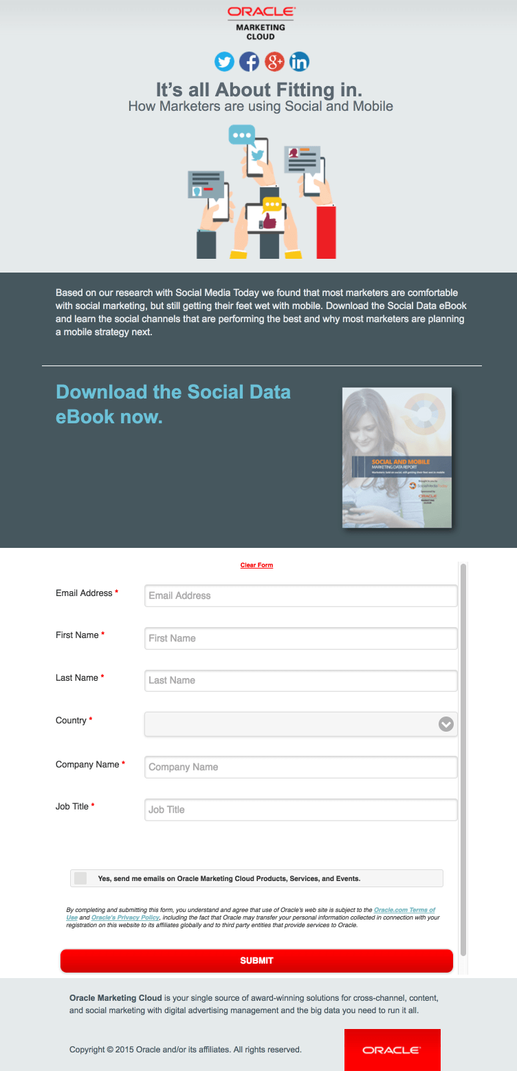 這張圖片顯示了 Eloqua 登陸，為訪問者提供他們的社交數據電子書