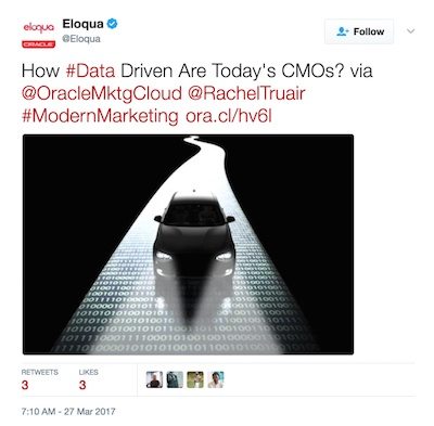 此圖顯示了用於為 CMO 宣傳 Eloqua 點擊後登錄頁面的推文