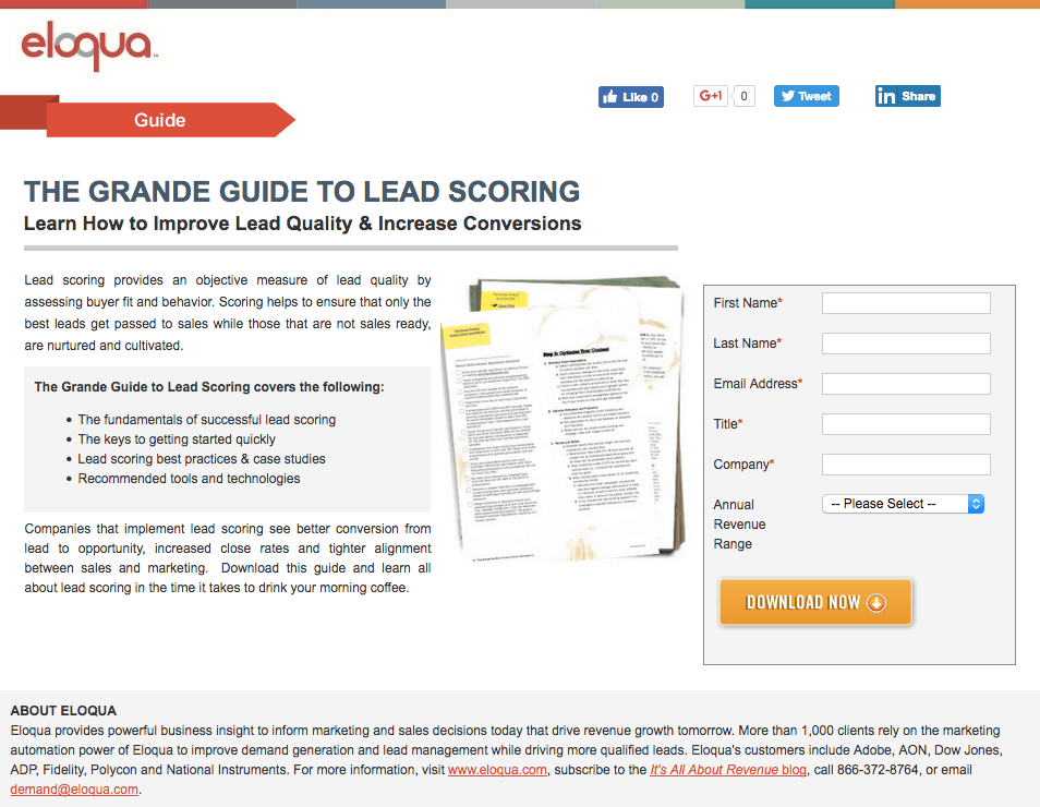 此圖顯示了潛在客戶評分指南 Eloqua 點擊後登錄頁面