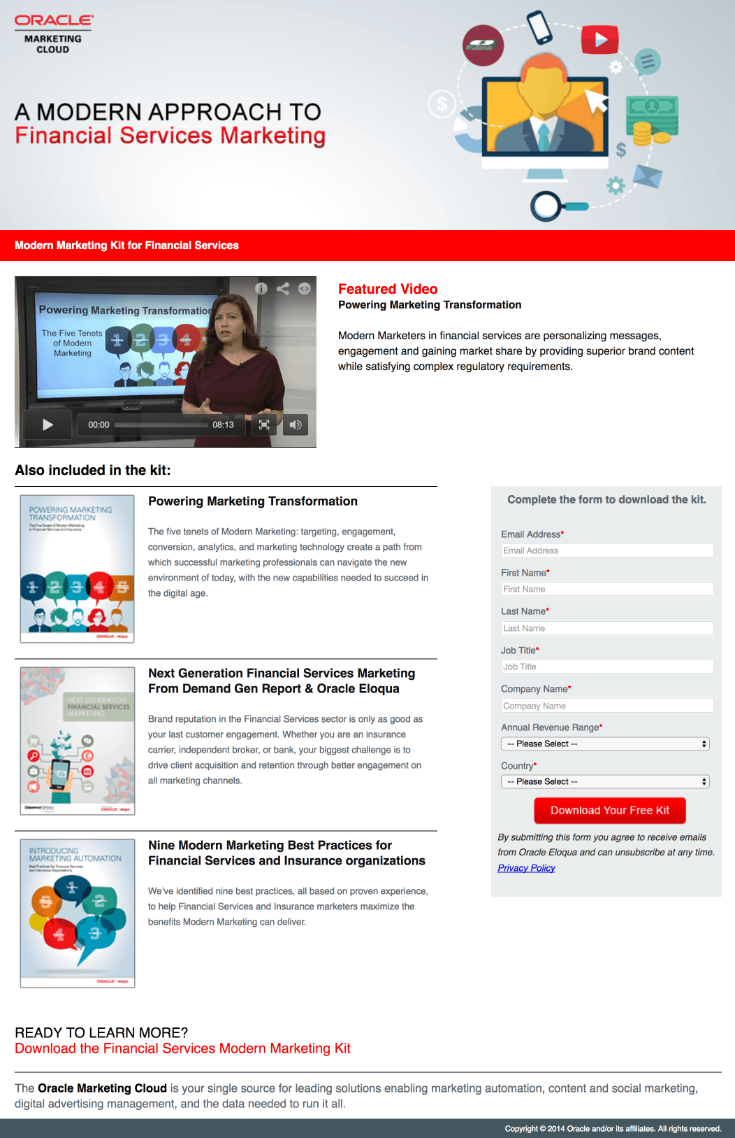此圖顯示了 Eloqua 點擊後登錄頁面，用於宣傳他們的營銷工具包