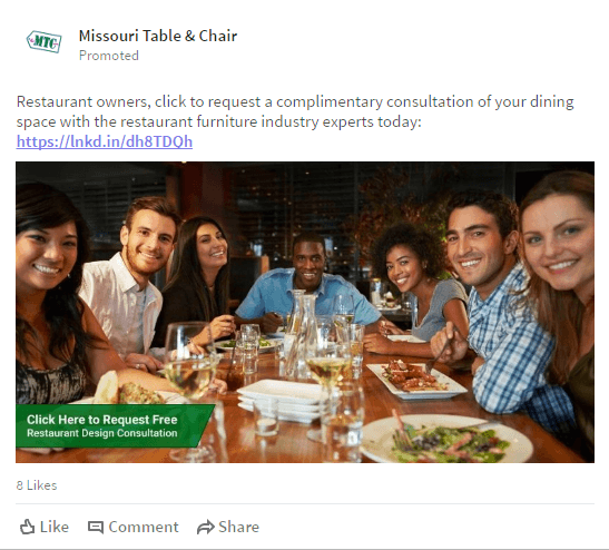 На этом изображении показана целевая страница рекламы Missouri Table & Chair после клика.