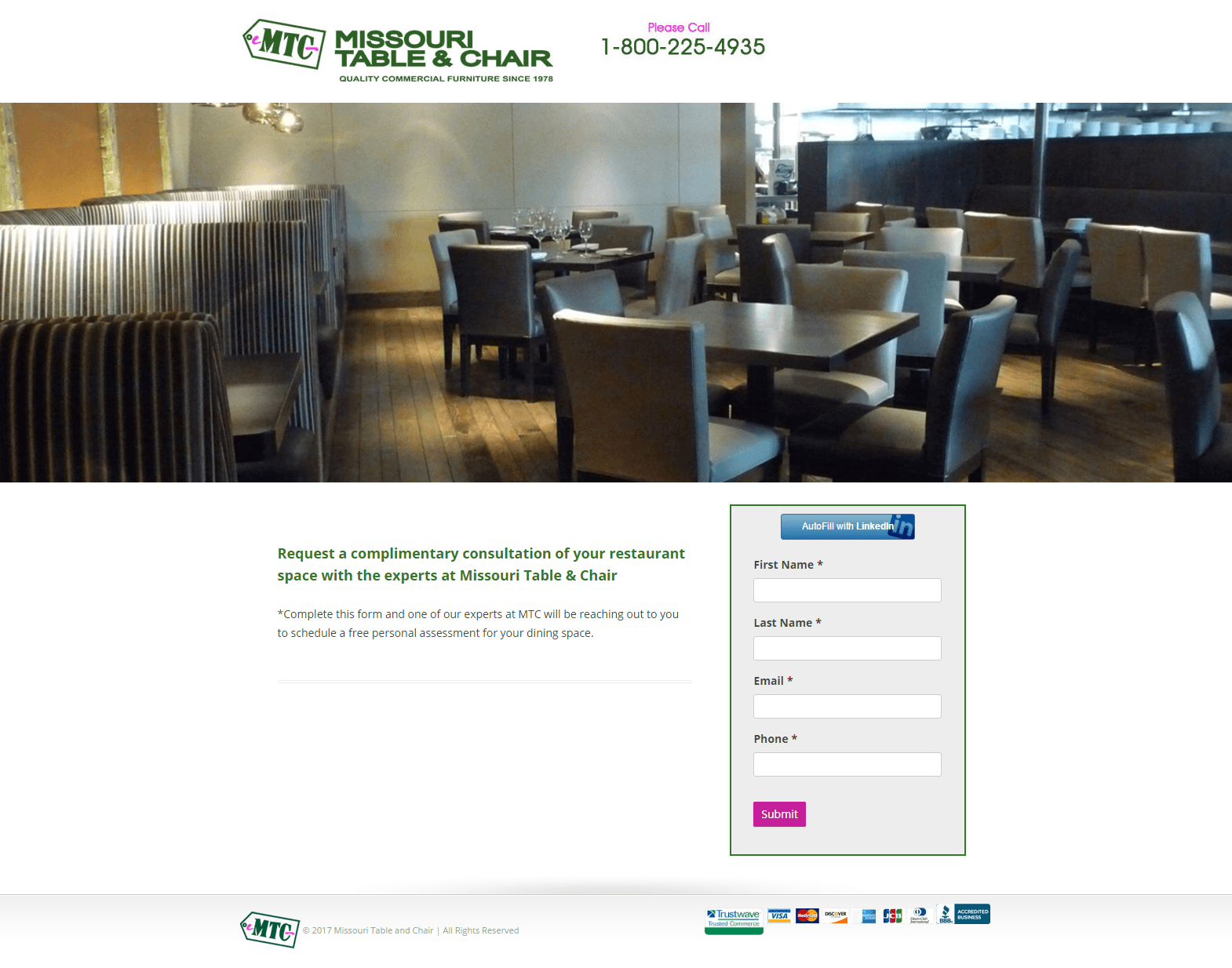 На этом изображении показана целевая страница рекламы Missouri Table and Chair после клика.