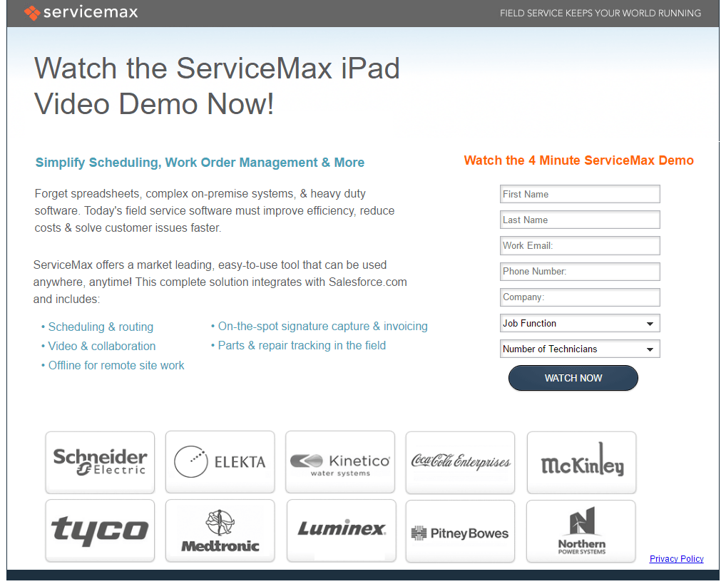 หน้า Landing Page สาธิตหลังคลิก ServiceMax