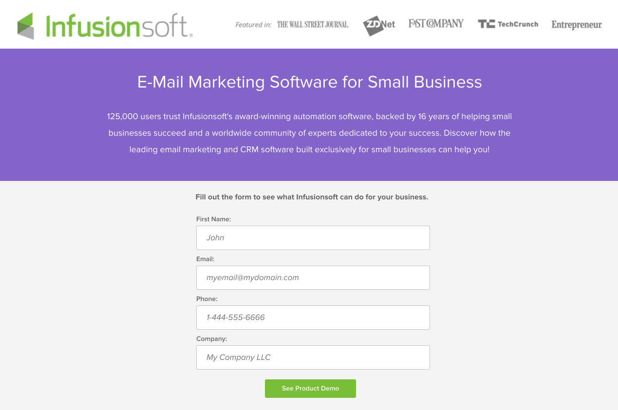 หน้า Landing Page สาธิตการคลิก Infusionsoft
