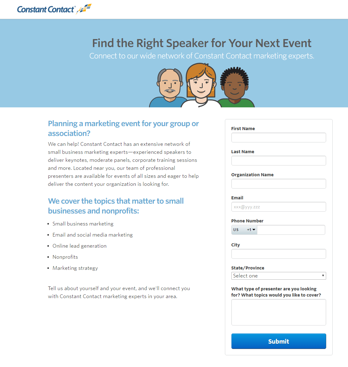 Constant Contact點擊後登陸頁面活動演講者