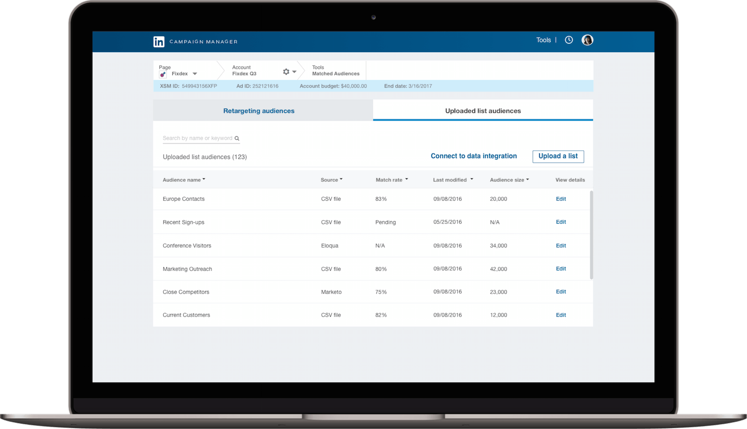 LinkedInの一致するオーディエンスの統合