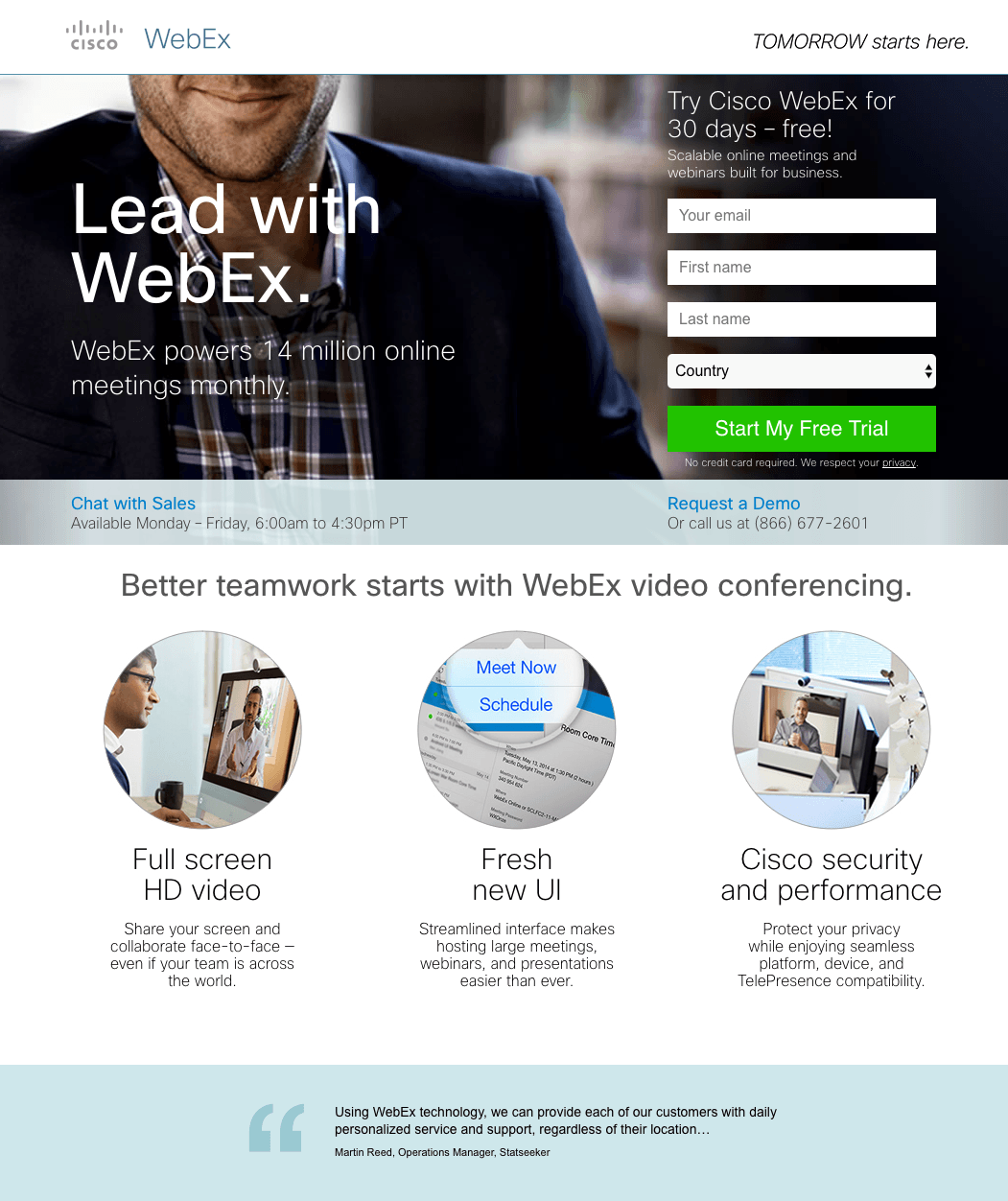 kostenlose Testversion der Post-Click-Landingpage WebEx