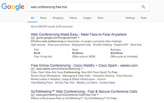Post-Klick-Zielseiten-AdWords-Anzeige für kostenlose Testversion