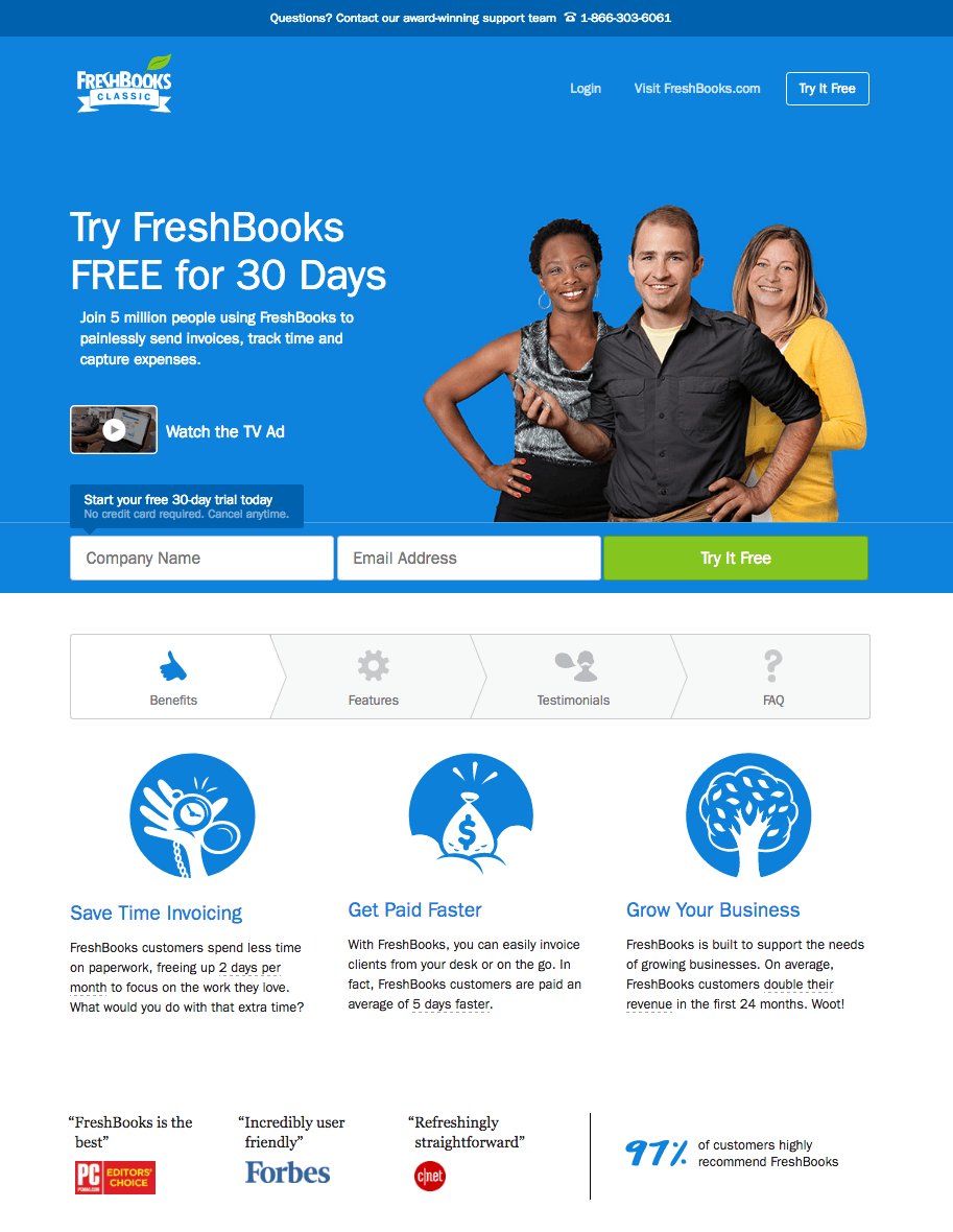 kostenlose Testversion der Post-Click-Landingpage FreshBooks