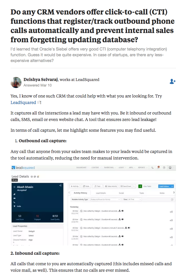 Pagini de destinație post-clic Quora Răspuns LeadSquared