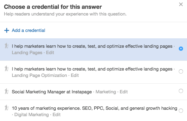 Acreditările paginii de destinație post-clic pentru marketing Quora