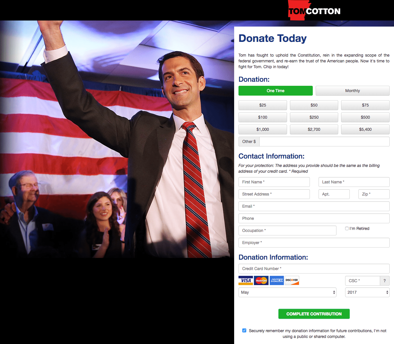 Halaman arahan pasca-klik politik Tom Cotton