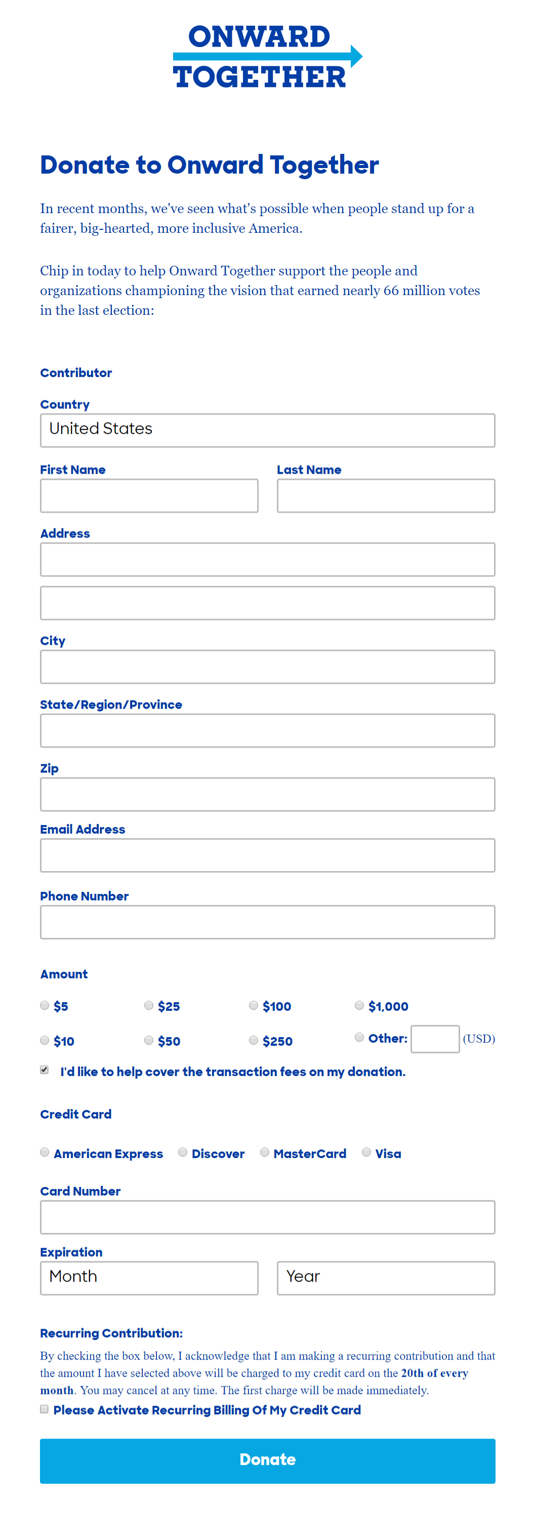 Halaman arahan pasca-klik donasi Onward Together