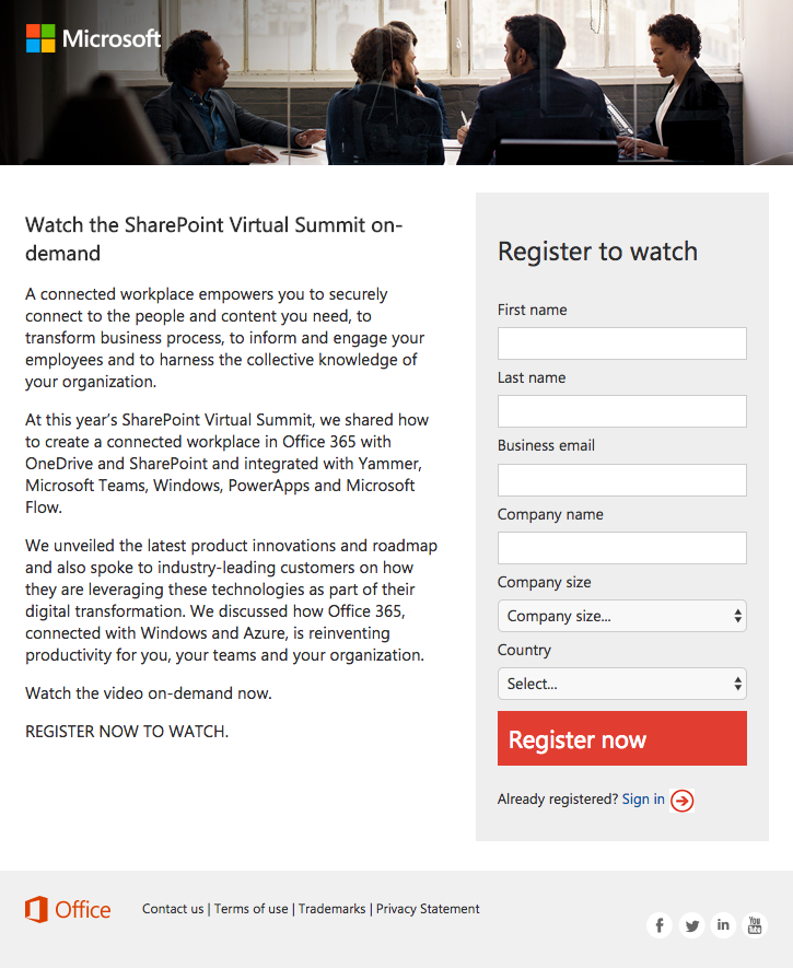 Seminar web pentru pagina de destinație SharePoint după clic la cerere