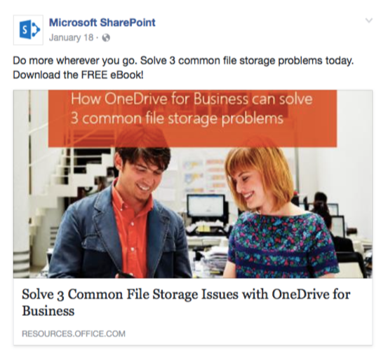 SharePoint post-click pagina de destinație Facebook ebook ads