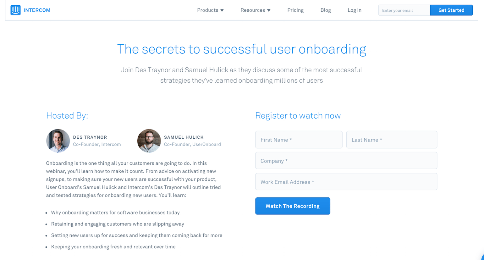Webinaire sur la page de destination post-clic d'intercom