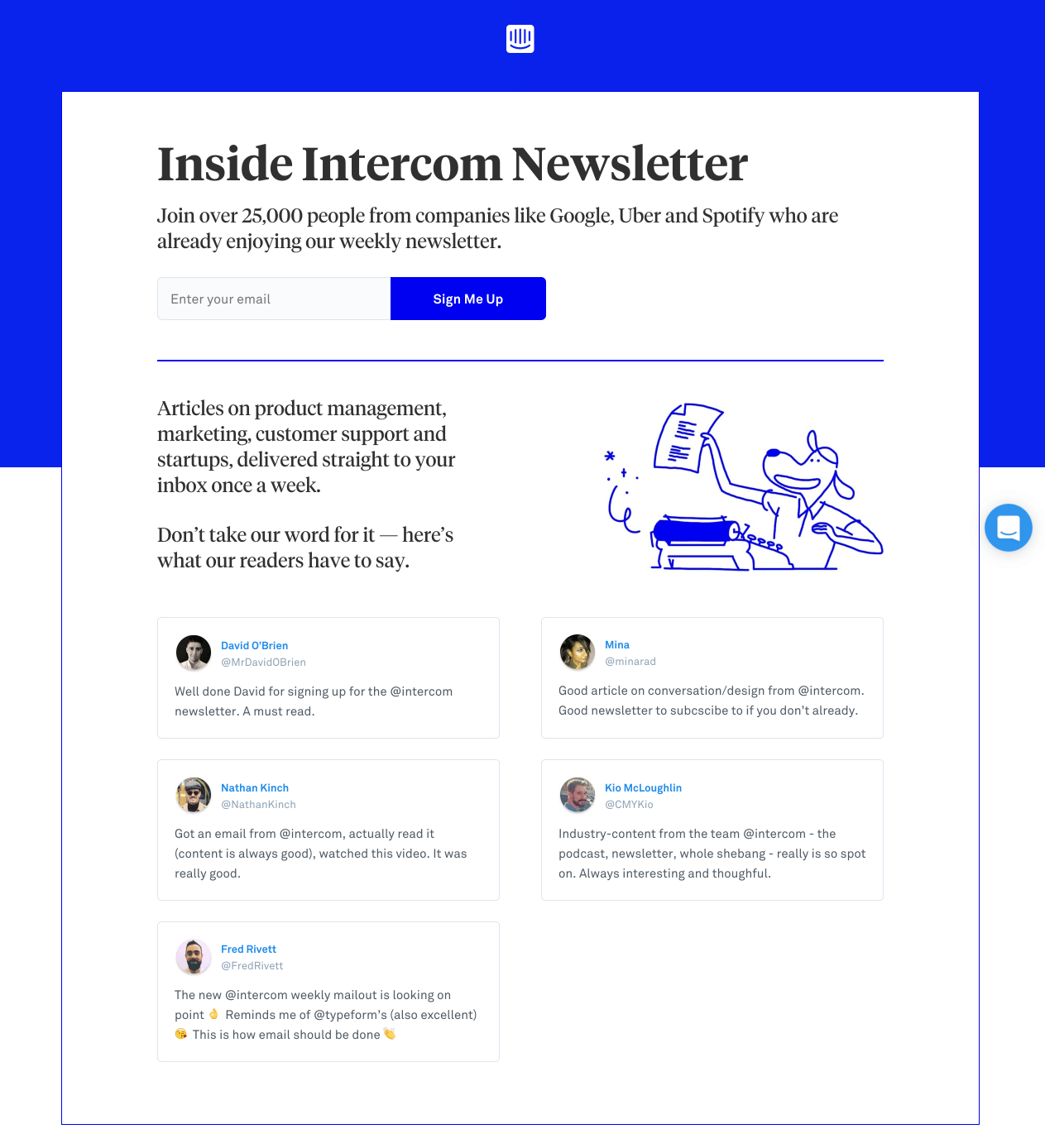 Bulletin d'information sur la page de destination post-clic d'Intercom