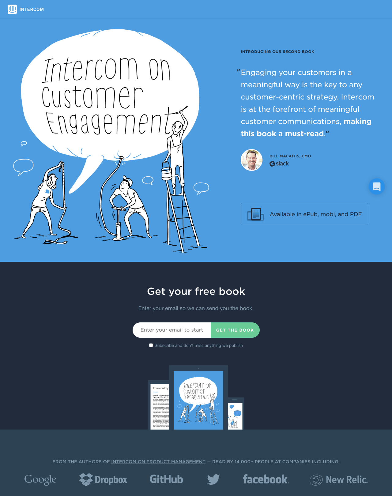 Ebook client de la page de destination post-clic d'Intercom