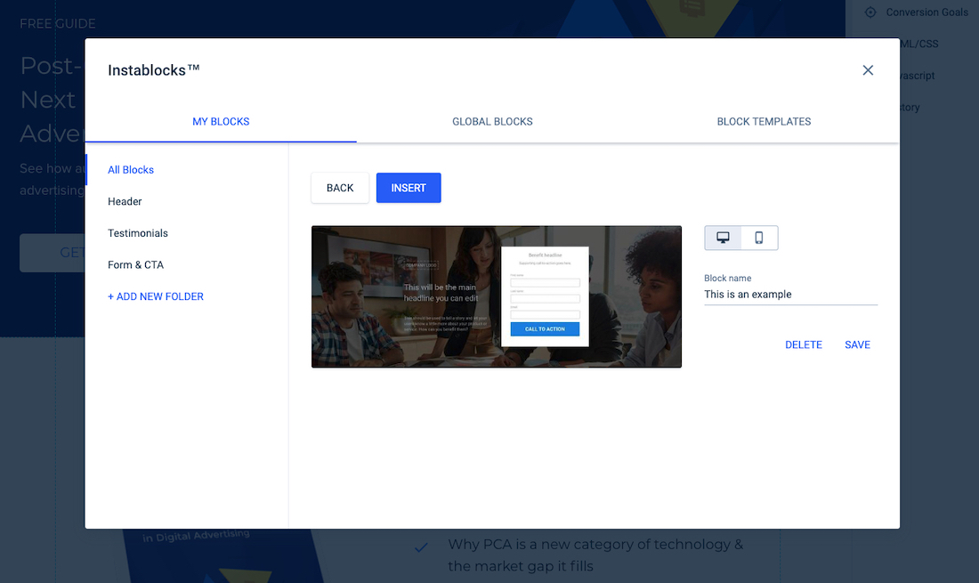 14 天試用 Instapage 插入塊