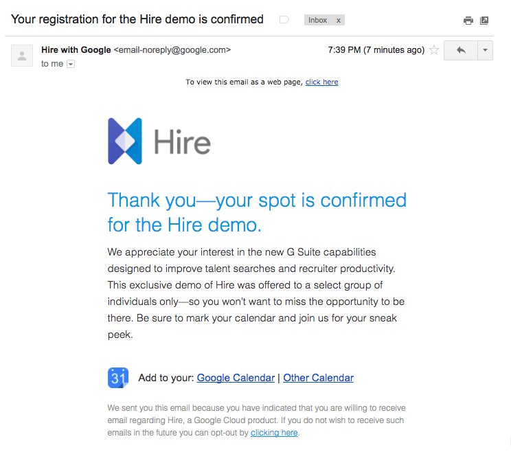 谷歌招聘感謝電子郵件