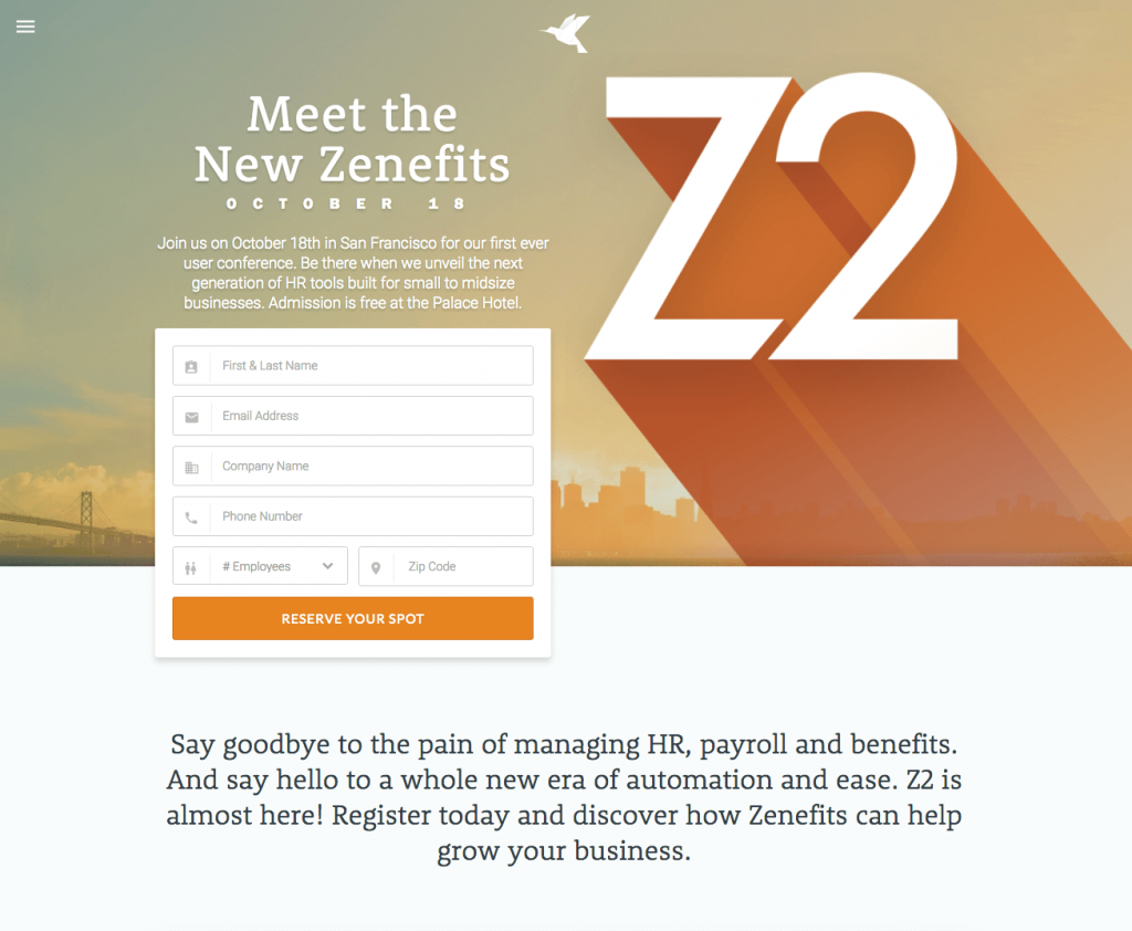 Zenefits 營銷步驟 2- 點擊後登錄頁面