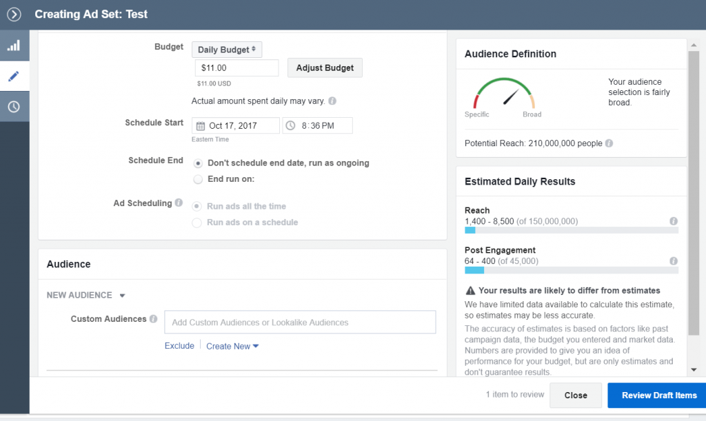 opzioni di set di annunci dinamici di facebook