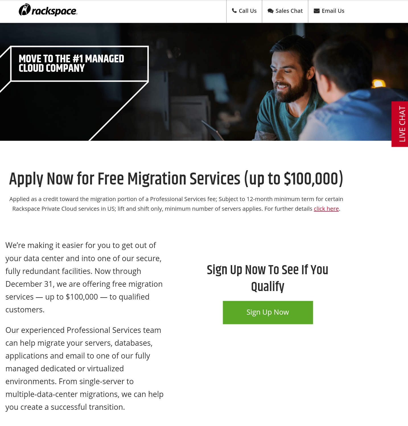 expérience de la page de destination post-clic Inscription à Rackspace