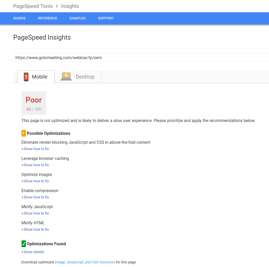點擊後著陸頁報告 PageSpeed Insights