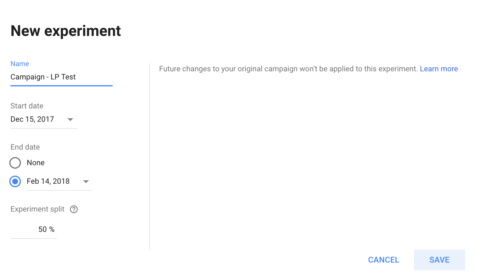 AdWords 廣告系列實驗設置