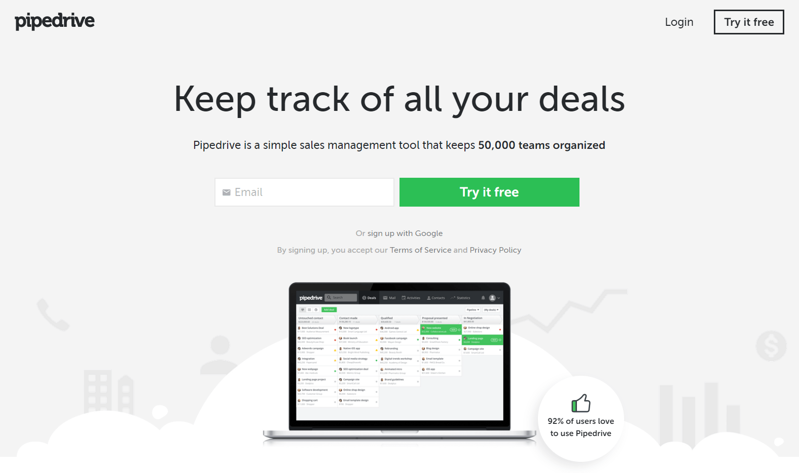 Quora 廣告 Pipedrive 點擊後登錄頁面