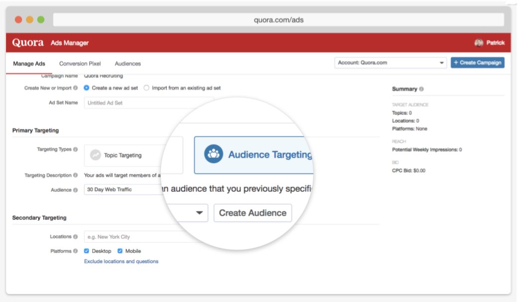 Quora 廣告管理器定位