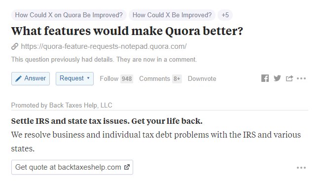 Quora 廣告問題頁面