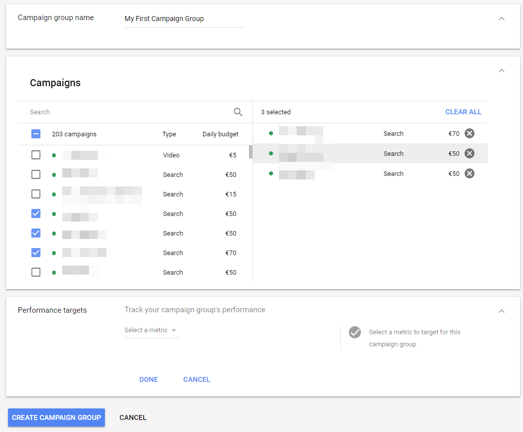 Cibles de performances AdWords certaines campagnes