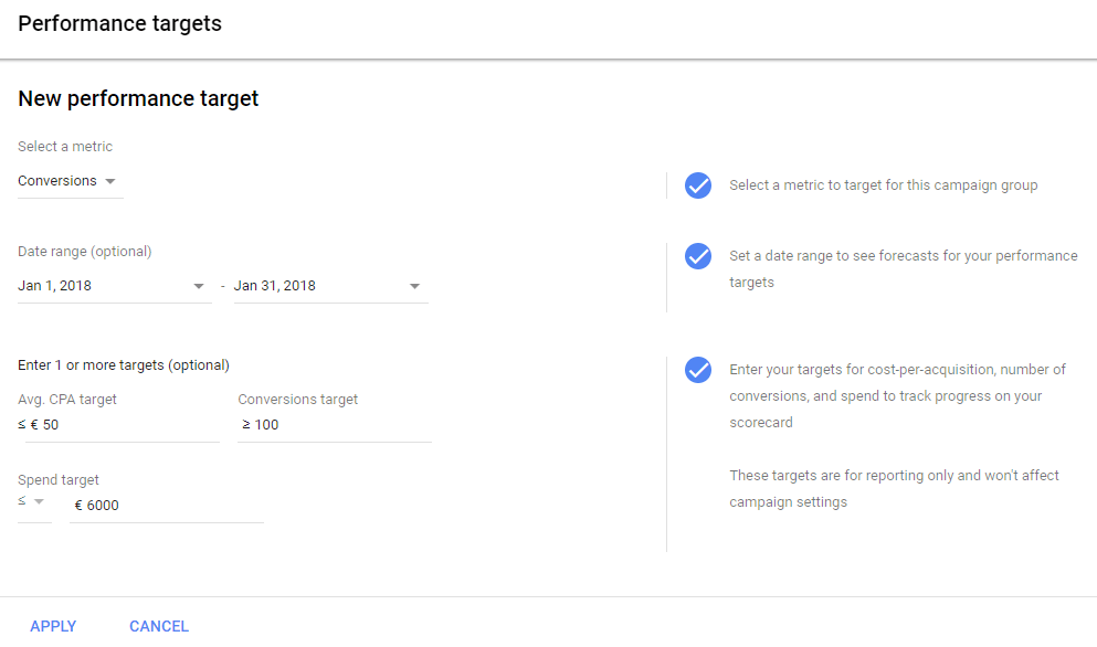Définition des objectifs de performances AdWords