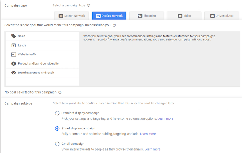 스마트 디스플레이 캠페인 목표 선택