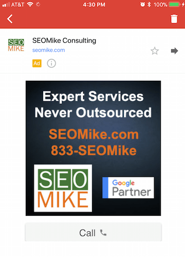 Exemplo de anúncios do Gmail expandidos por clique para ligar